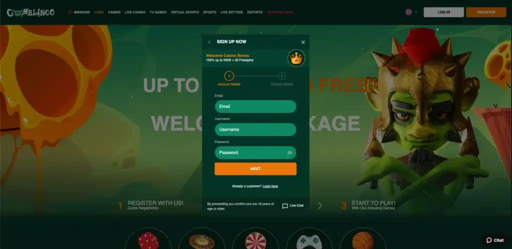 Gomblingo Casino sign up form step 2 and 3