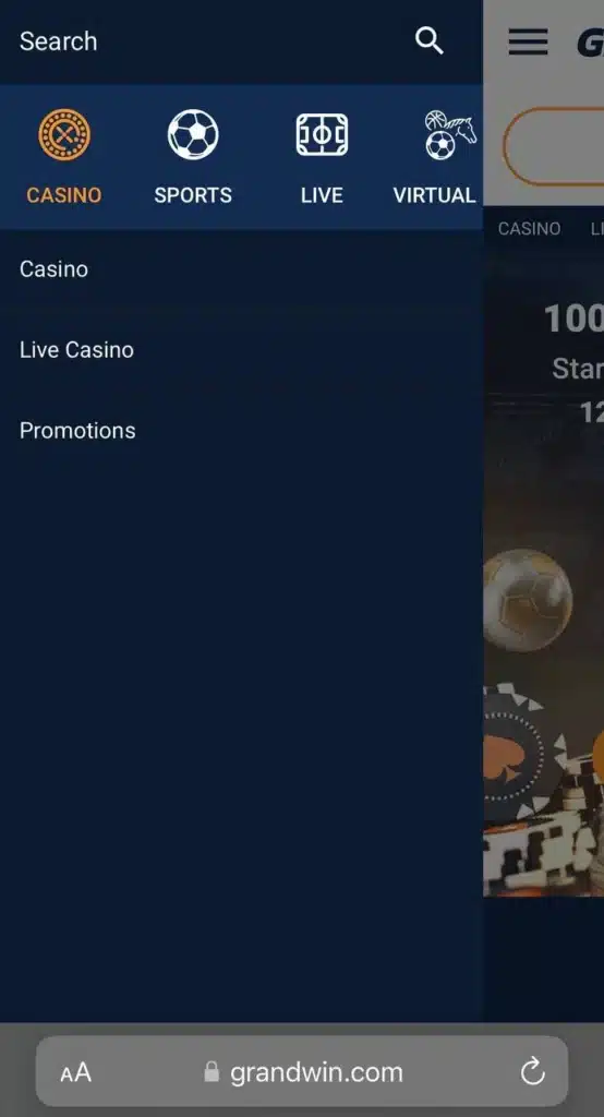 GrandWin Casino mobile menu