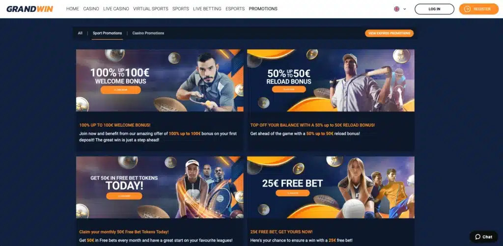GrandWin Casino sports betting bonuses and promotions page