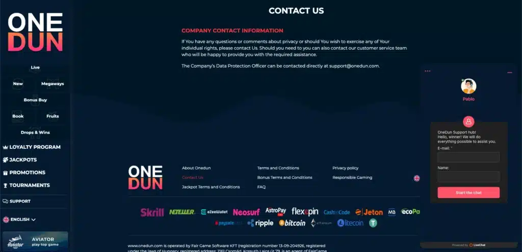 OneDun Casino customer support page and live chat
