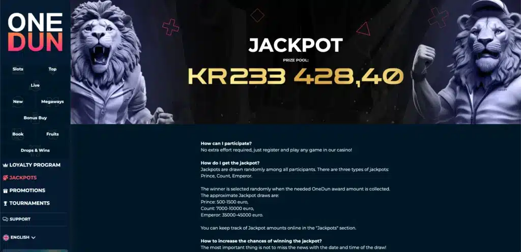 OneDun Casino jackpot page