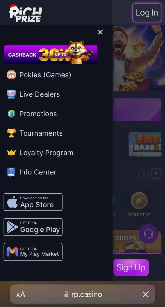 RichPrize Casino mobile menu