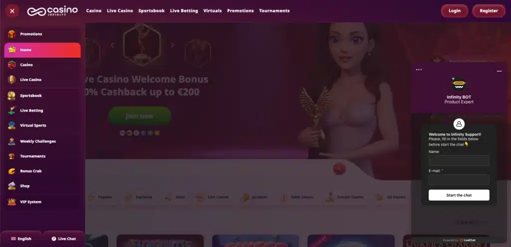 Casino Infinity customer support and live chat page