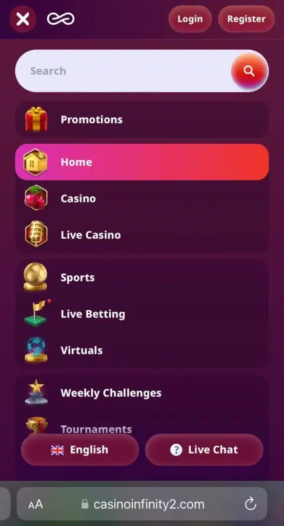Casino Infinity mobile menu page
