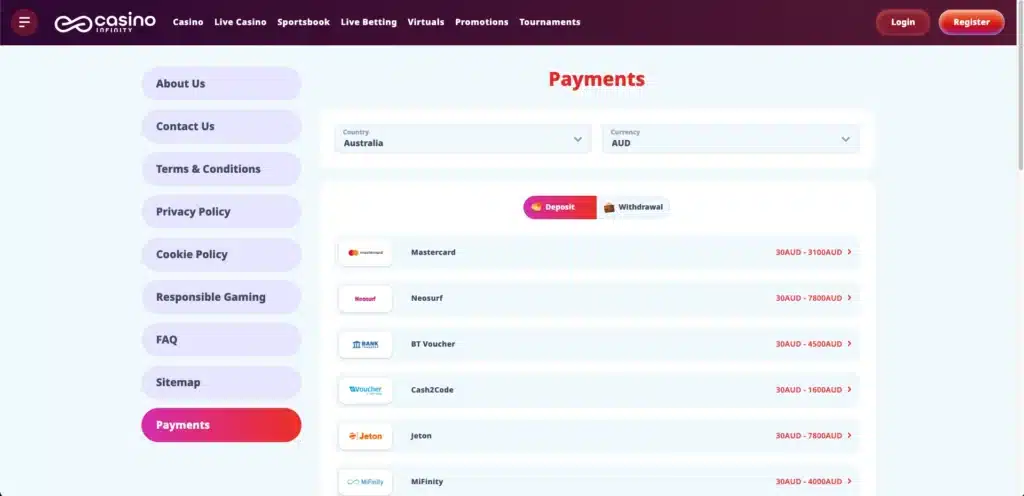 Casino Infinity payment methods page
