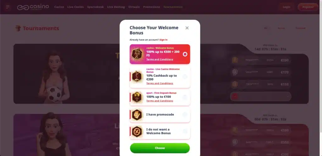 Casino Infinity registration sign up form step 1