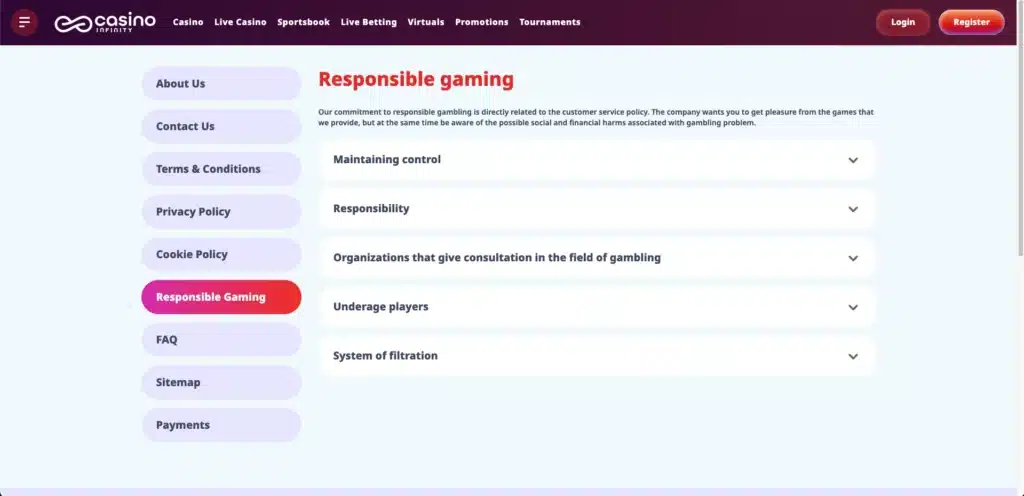Casino Infinity responsible gambling page