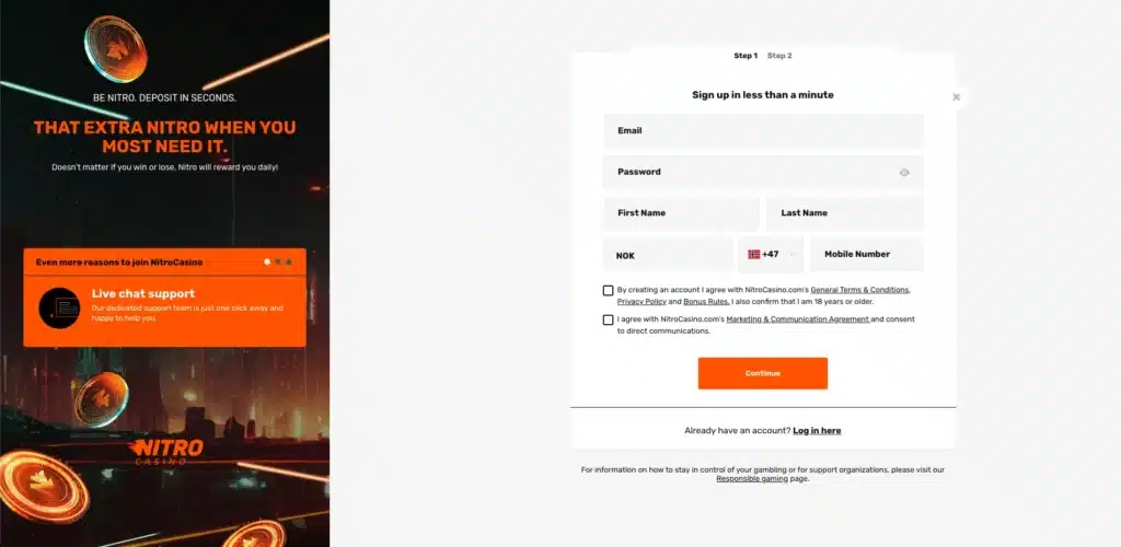 Nitro Casino account registration and sign up form page
