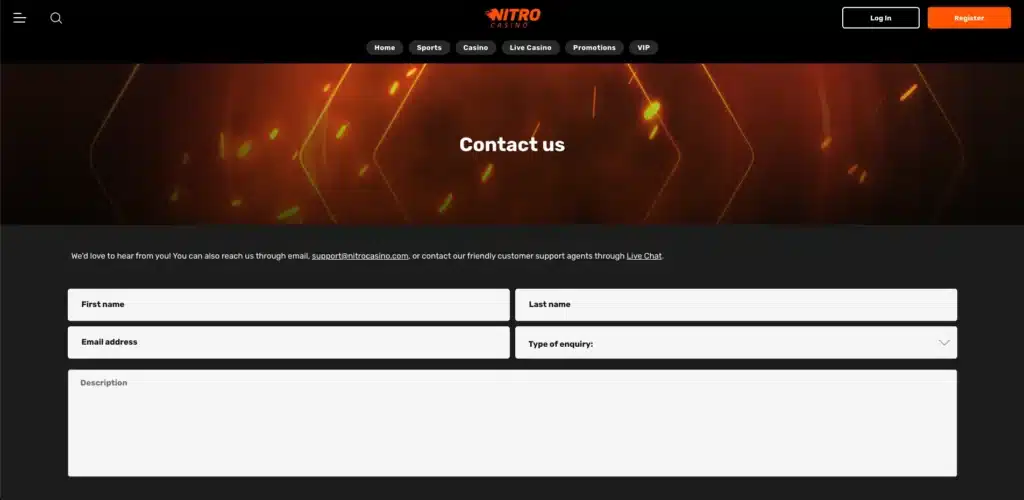 Nitro Casino customer support contact us page
