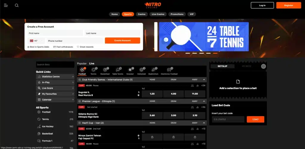 Nitro Casino live sports betting page