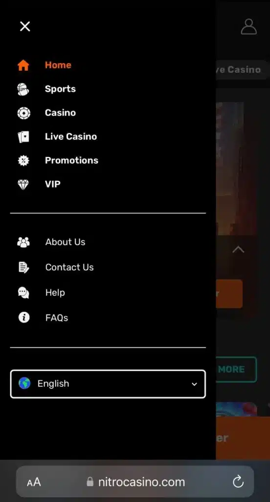 Nitro Casino mobile menu page