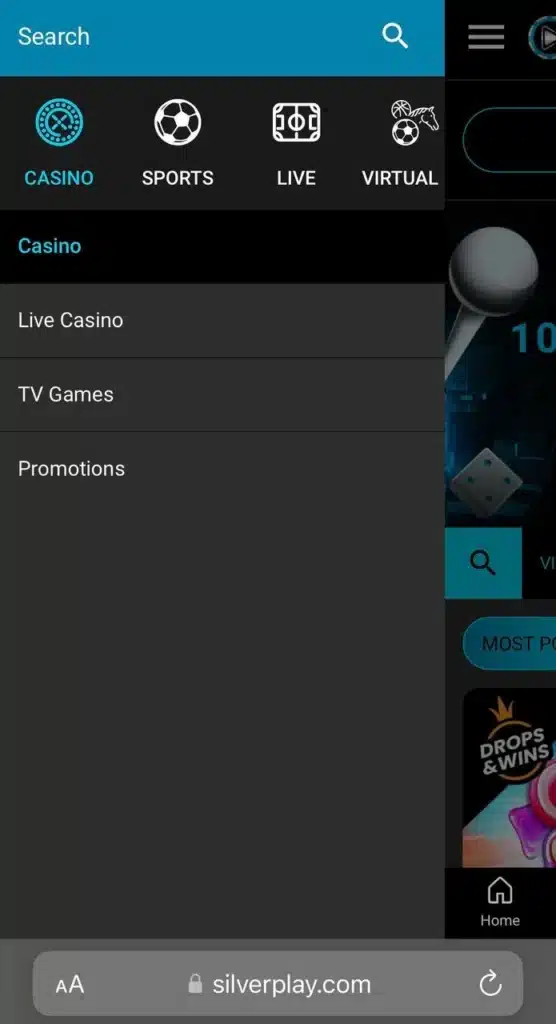 SilverPlay Casino mobile menu page